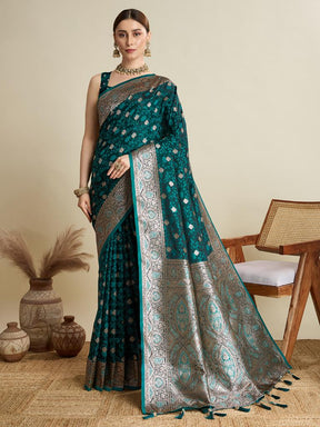 Women Green Soft Silk Saree with Silver Zari Border