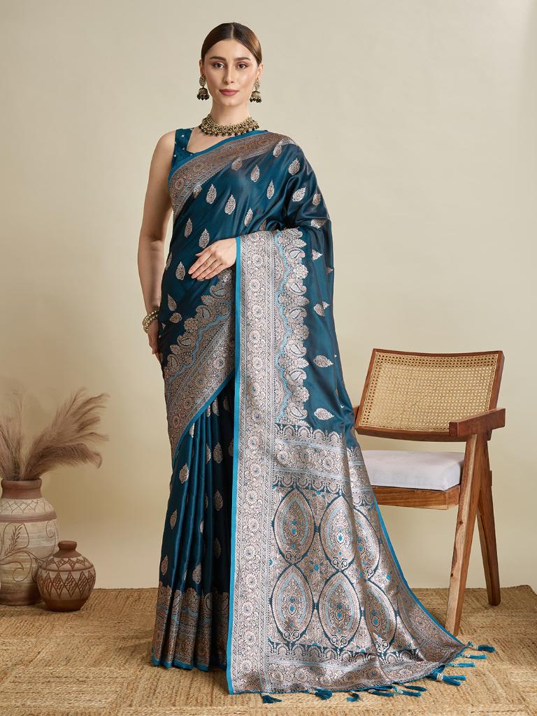 Teal Blue Woven Saree with Silver Zari Border 