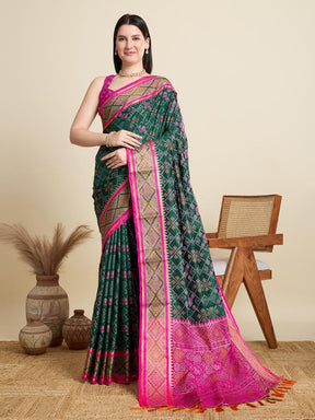 Women Green Woven Saree with Pink Zari Border