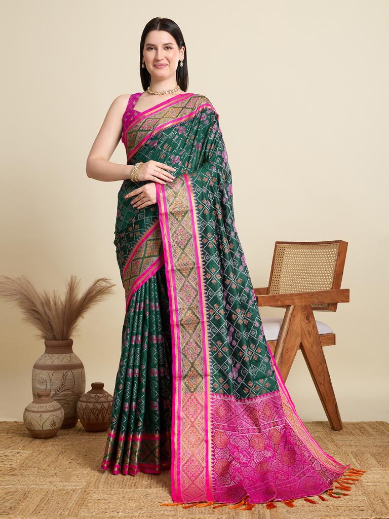 Women Green Woven Saree with Pink Zari Border