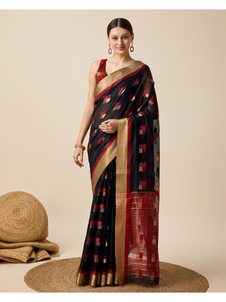 Women’s Black Silk Saree with Golden Border