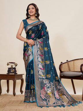 Women’s Blue Silk Saree with Woven Peacock Design