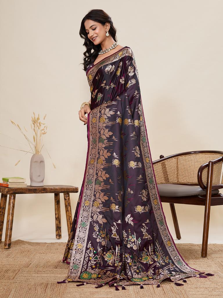 Women Violate Floral Woven Saree with Zari Border Traditional Ethnic Party Wear