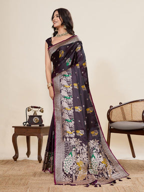 Women’s Violate Silk Saree with Woven Peacock Design