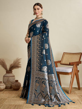 Women Teal Blue Woven Saree with Silver Zari Border