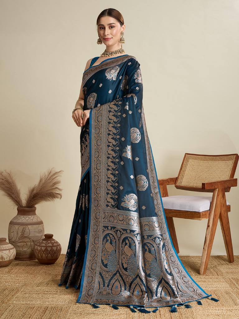 Women Teal Blue Woven Saree with Silver Zari Border