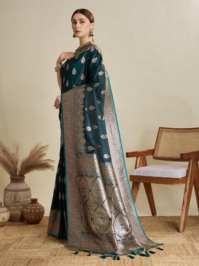 Women Dark Green Woven Saree with Silver Zari Border