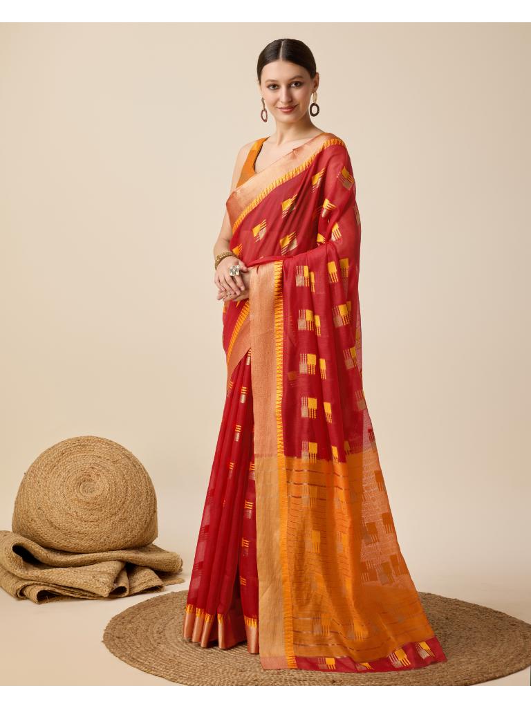 Women’s Red Silk Saree with Golden Border