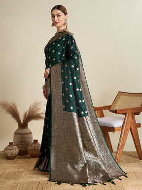 Women Dark Green Woven Saree with Silver Zari Border