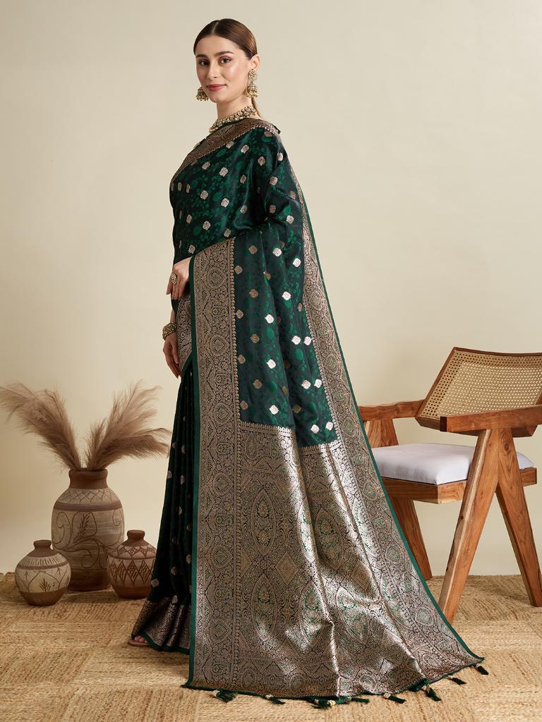 Women Dark Green Woven Saree with Silver Zari Border