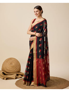 Women’s Black Silk Saree with Golden Border