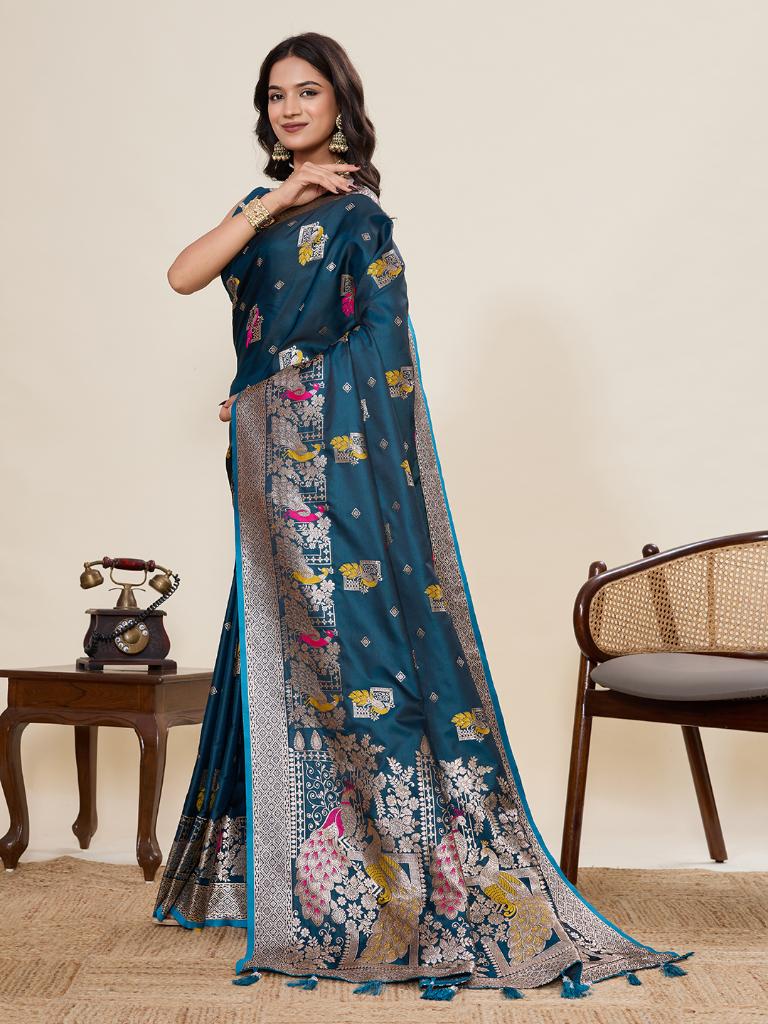 Women’s Blue Silk Saree with Woven Peacock Design
