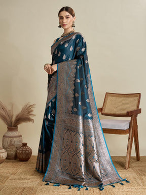 Teal Blue Woven Saree with Silver Zari Border
