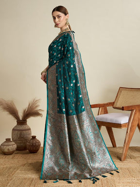 Women Green Soft Silk Saree with Silver Zari Border