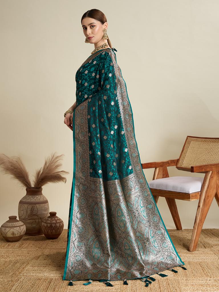 Women Green Soft Silk Saree with Silver Zari Border