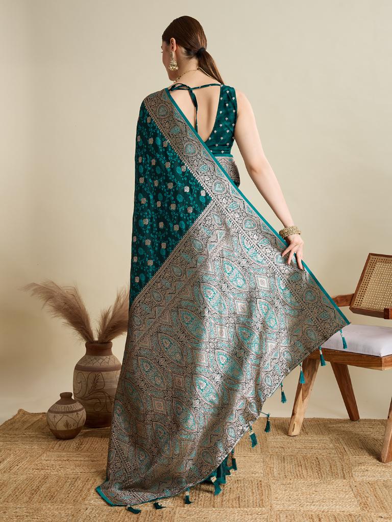 Women Green Soft Silk Saree with Silver Zari Border