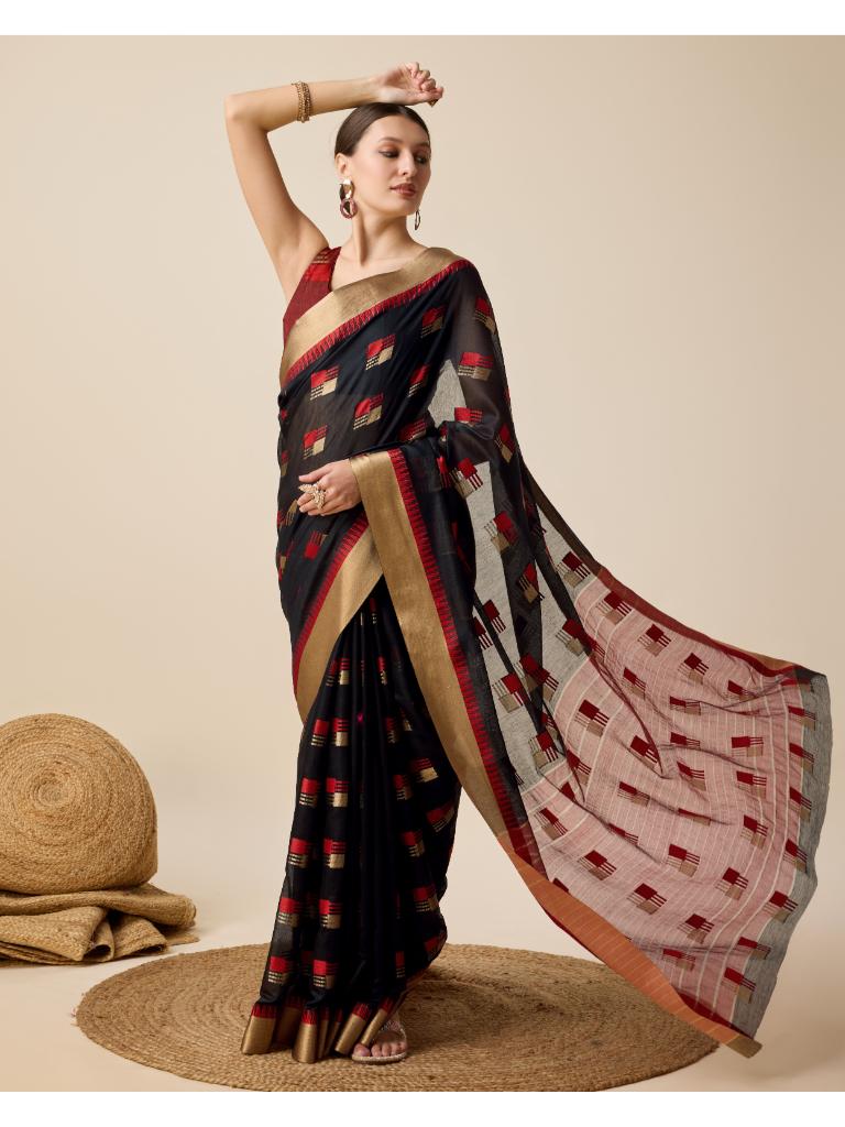 Women’s Black Silk Saree with Golden Border