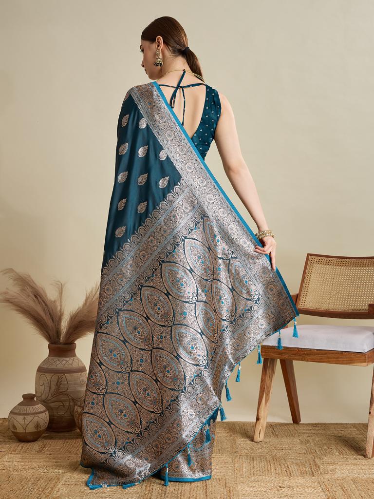 Teal Blue Woven Saree with Silver Zari Border