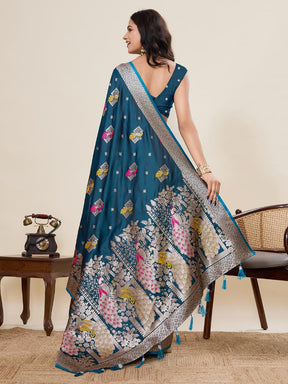 Women’s Blue Silk Saree with Woven Peacock Design