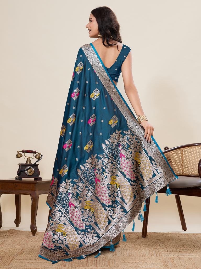 Women’s Blue Silk Saree with Woven Peacock Design