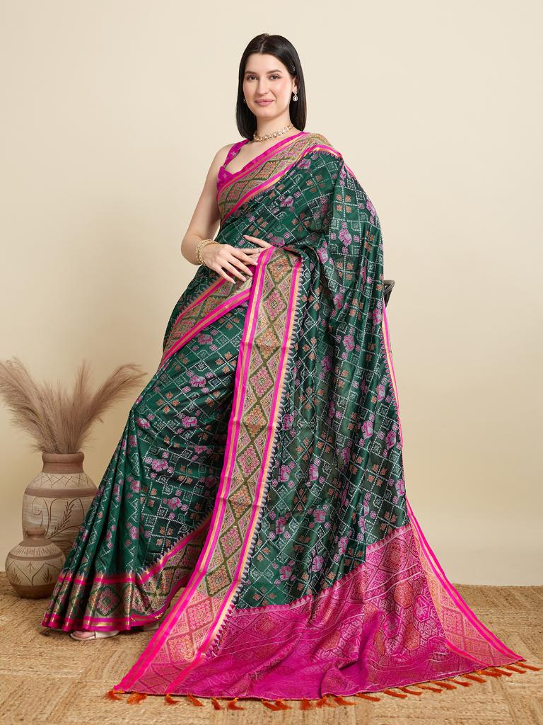 Women Green Woven Saree with Pink Zari Border