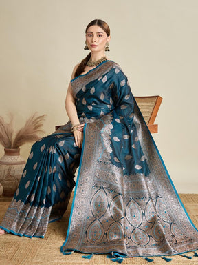 Teal Blue Woven Saree with Silver Zari Border