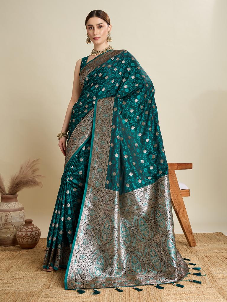 Women Green Soft Silk Saree with Silver Zari Border