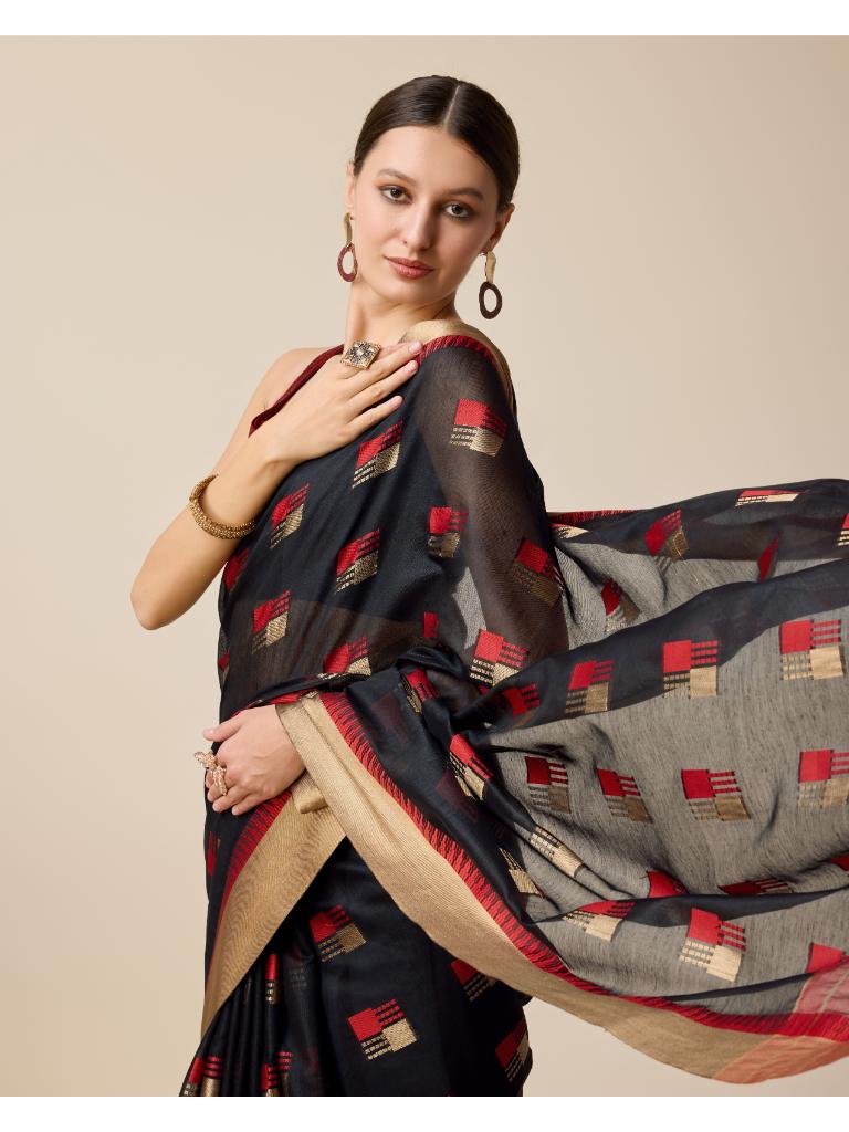 Women’s Black Silk Saree with Golden Border