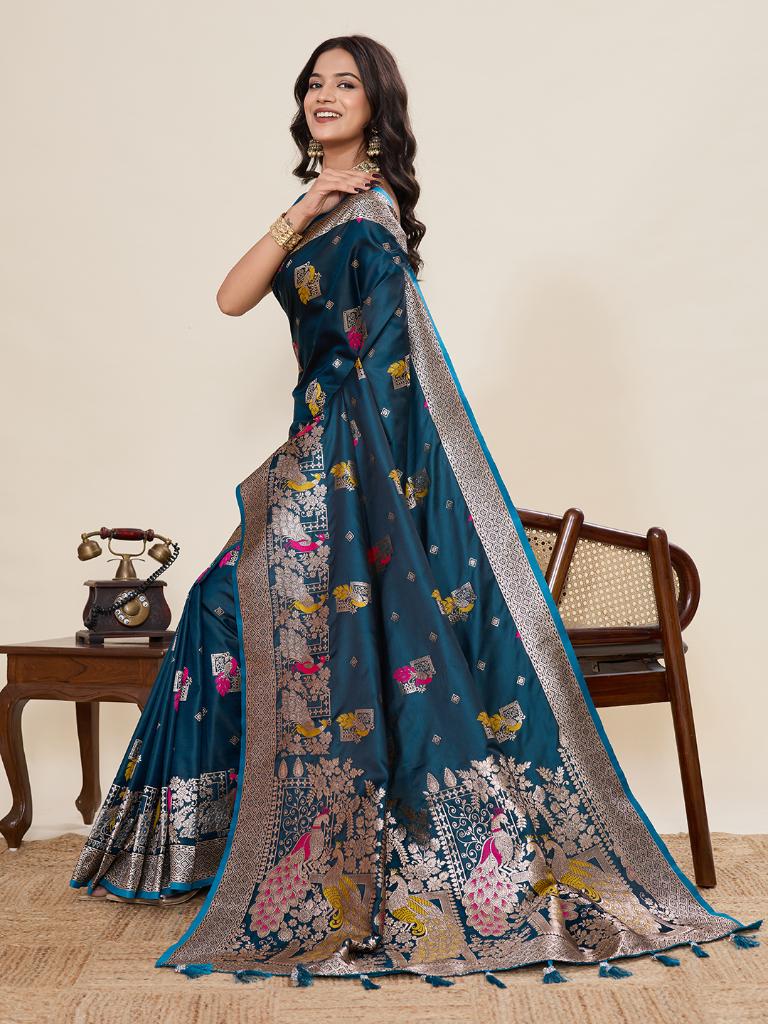 Women’s Blue Silk Saree with Woven Peacock Design