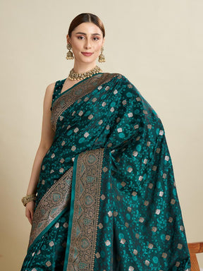 Women Green Soft Silk Saree with Silver Zari Border