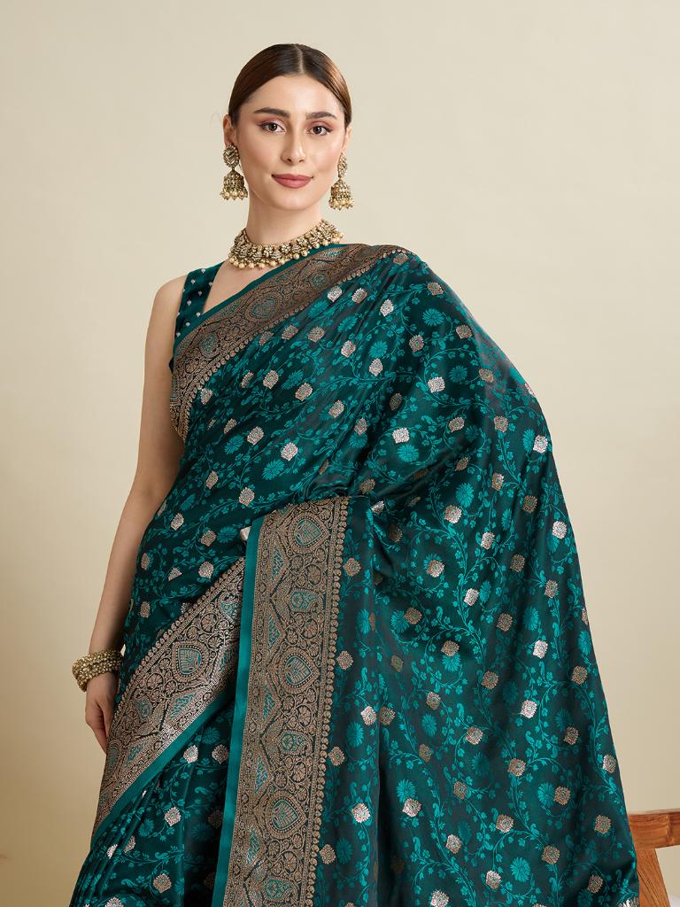 Women Green Soft Silk Saree with Silver Zari Border