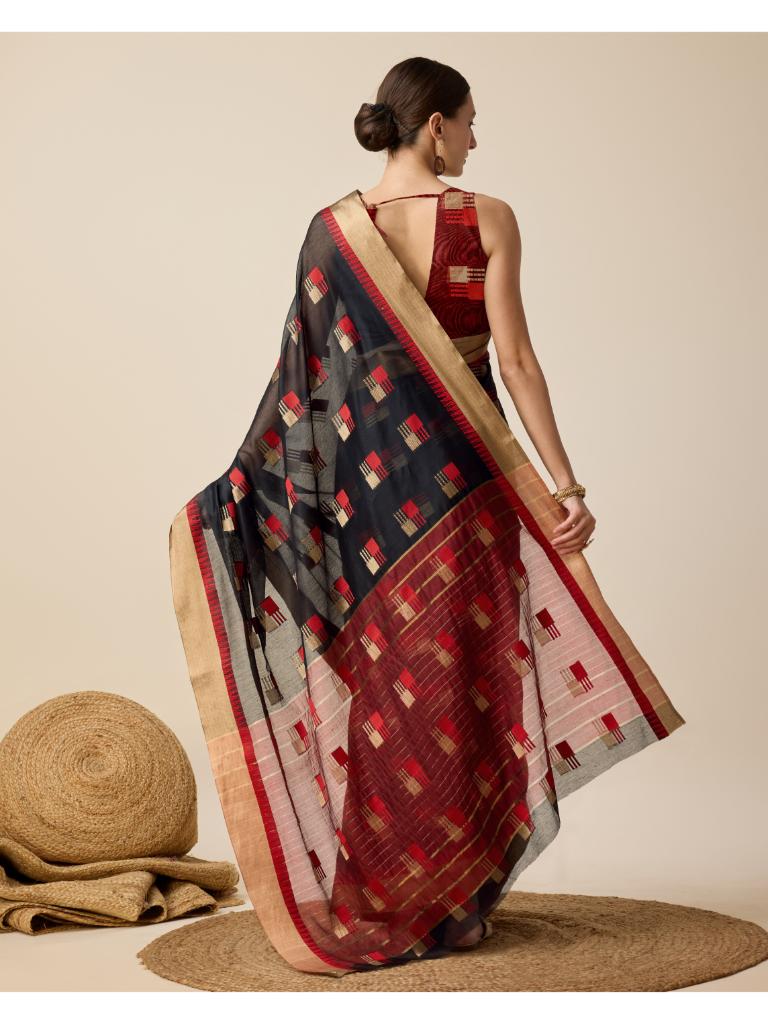 Women’s Black Silk Saree with Golden Border