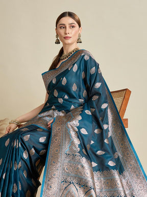 Teal Blue Woven Saree with Silver Zari Border