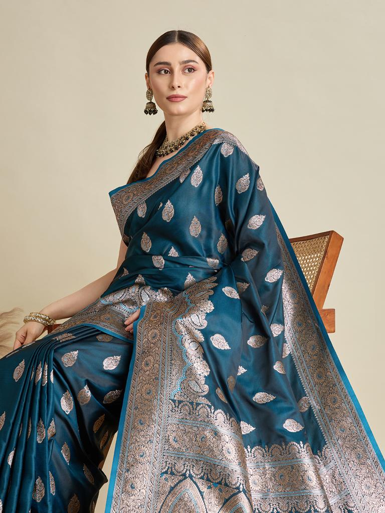 Teal Blue Woven Saree with Silver Zari Border