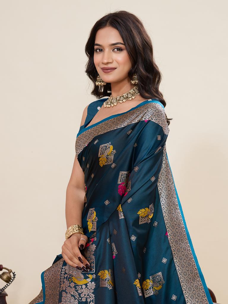 Women’s Blue Silk Saree with Woven Peacock Design