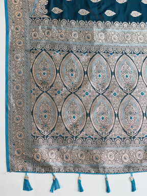 Teal Blue Woven Saree with Silver Zari Border