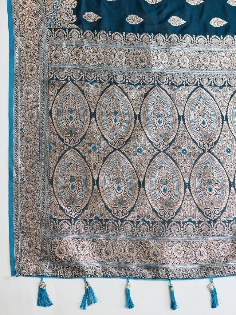 Teal Blue Woven Saree with Silver Zari Border