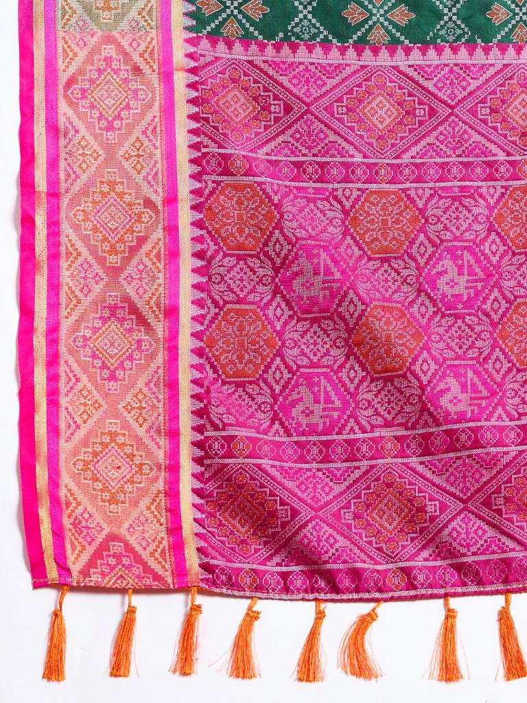 Women Green Woven Saree with Pink Zari Border