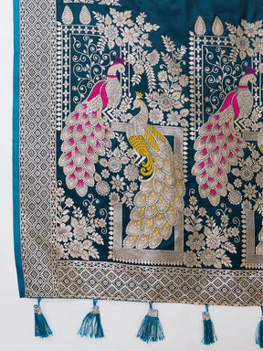 Women’s Blue Silk Saree with Woven Peacock Design