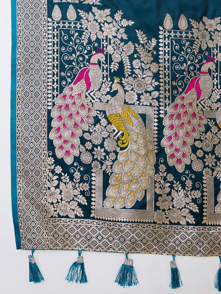 Women’s Blue Silk Saree with Woven Peacock Design