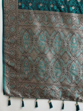 Women Green Soft Silk Saree with Silver Zari Border