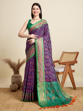 Women Purple Woven Saree with Green Zari Border