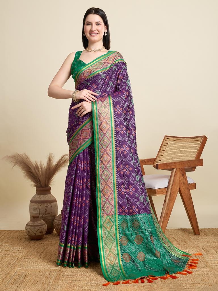 Women Purple Woven Saree with Green Zari Border