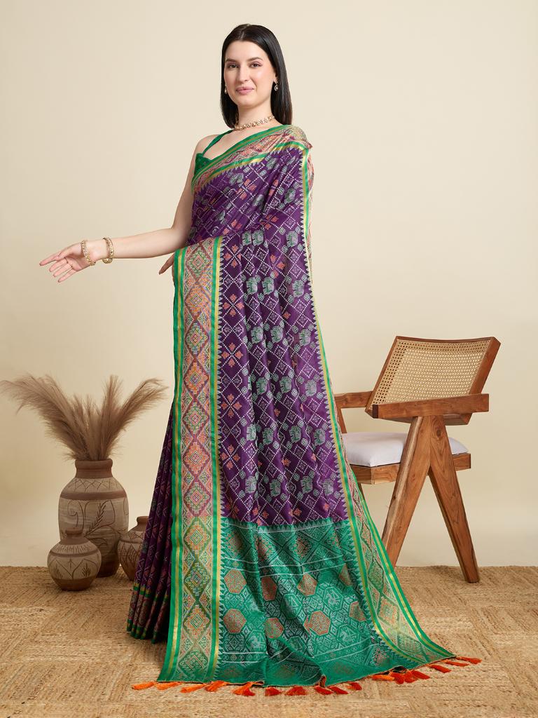 Women Purple Woven Saree with Green Zari Border
