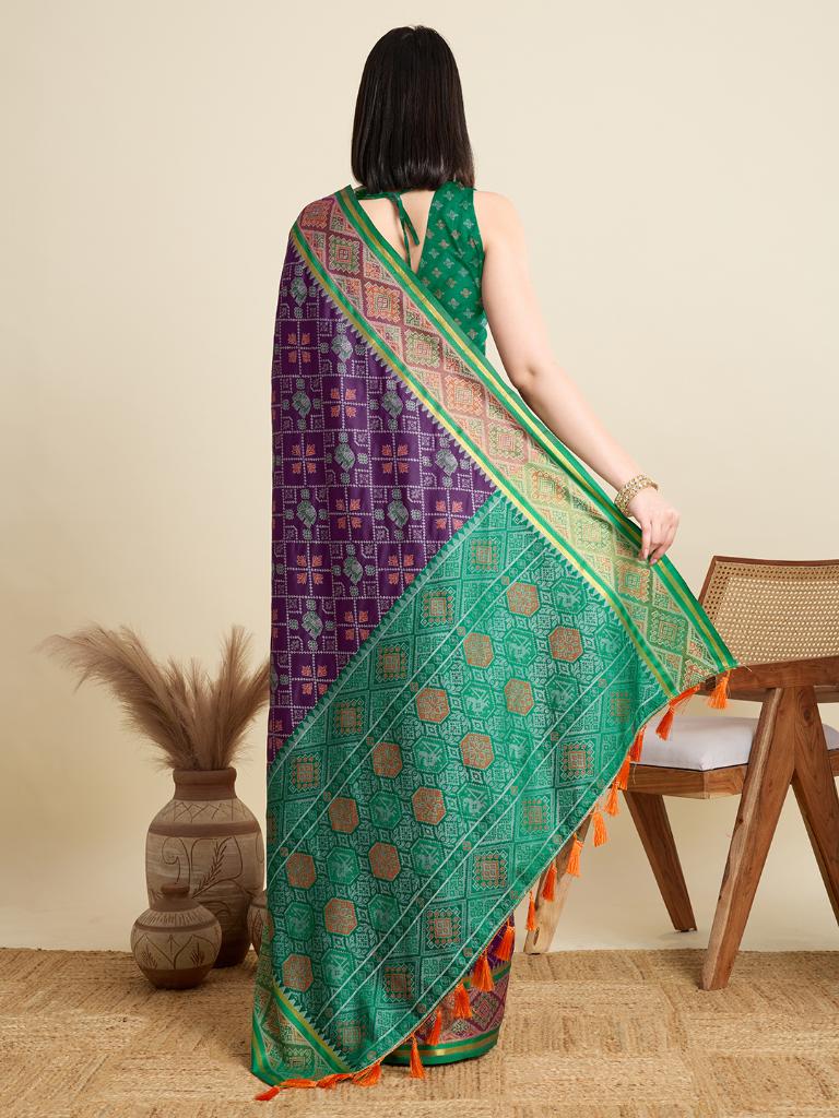 Women Purple Woven Saree with Green Zari Border
