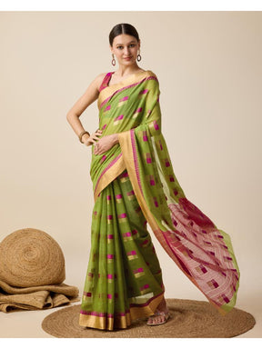 Women’s Green Silk Saree with Golden Border