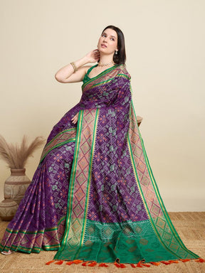 Women Purple Woven Saree with Green Zari Border