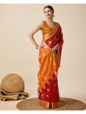 Women’s Red Silk Saree with Golden Border