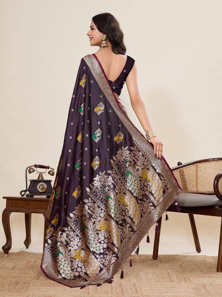 Women’s Violate Silk Saree with Woven Peacock Design