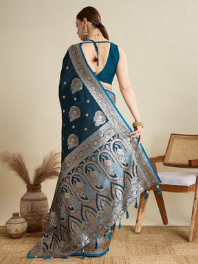 Women Teal Blue Woven Saree with Silver Zari Border